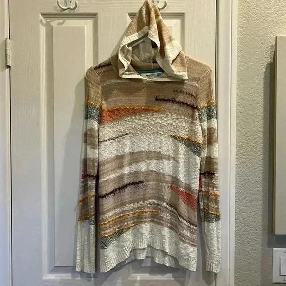 Anthropologie Elvra Hoodie Pullover Knit Sweater Neutral Geometric Boho Sz M - Picture 1 of 11